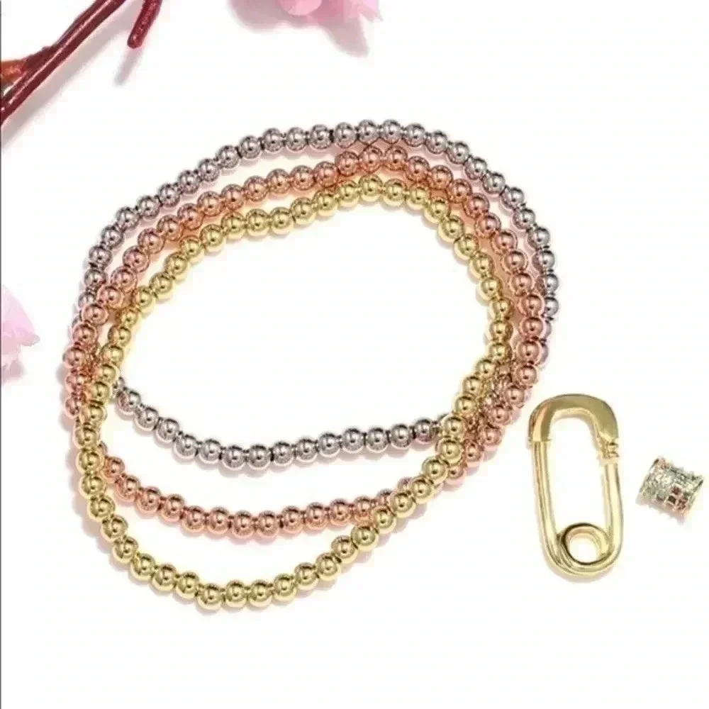 Pretty 3 Tone Beaded Stretch Bracelets Safety Pin Charm NWT